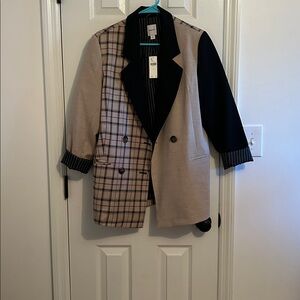 Mixed Plaid & Solid Blazer Jacket - Beige, Black